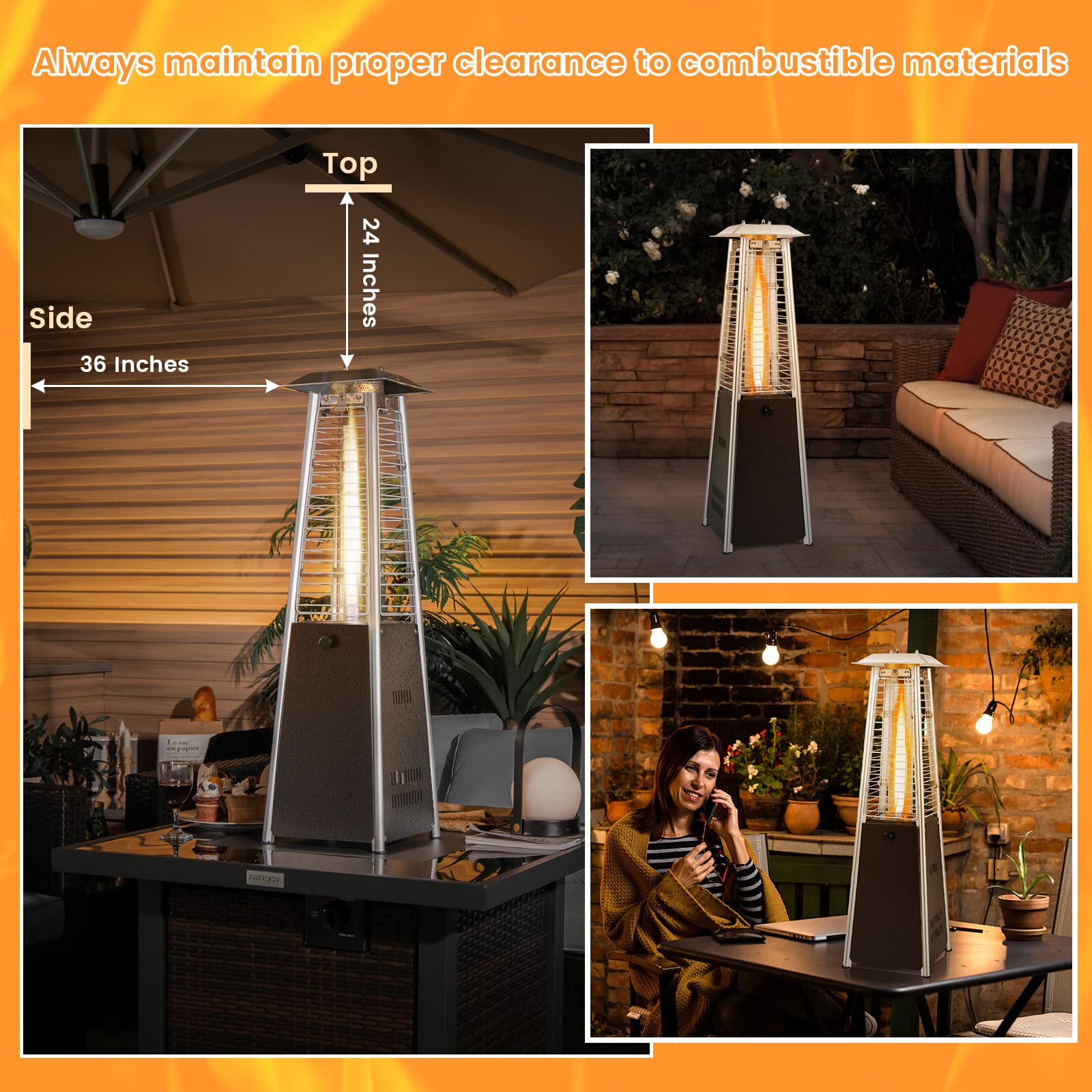 Giantex Pyramid Patio Heater, 9500 BTU Tabletop Portable Propane Heater w/Glass Tube, Simple Ignition System, Dancing Flame, CSA Certification, 35" Outdoor Electric Heater for Backyard Garden, Bronze