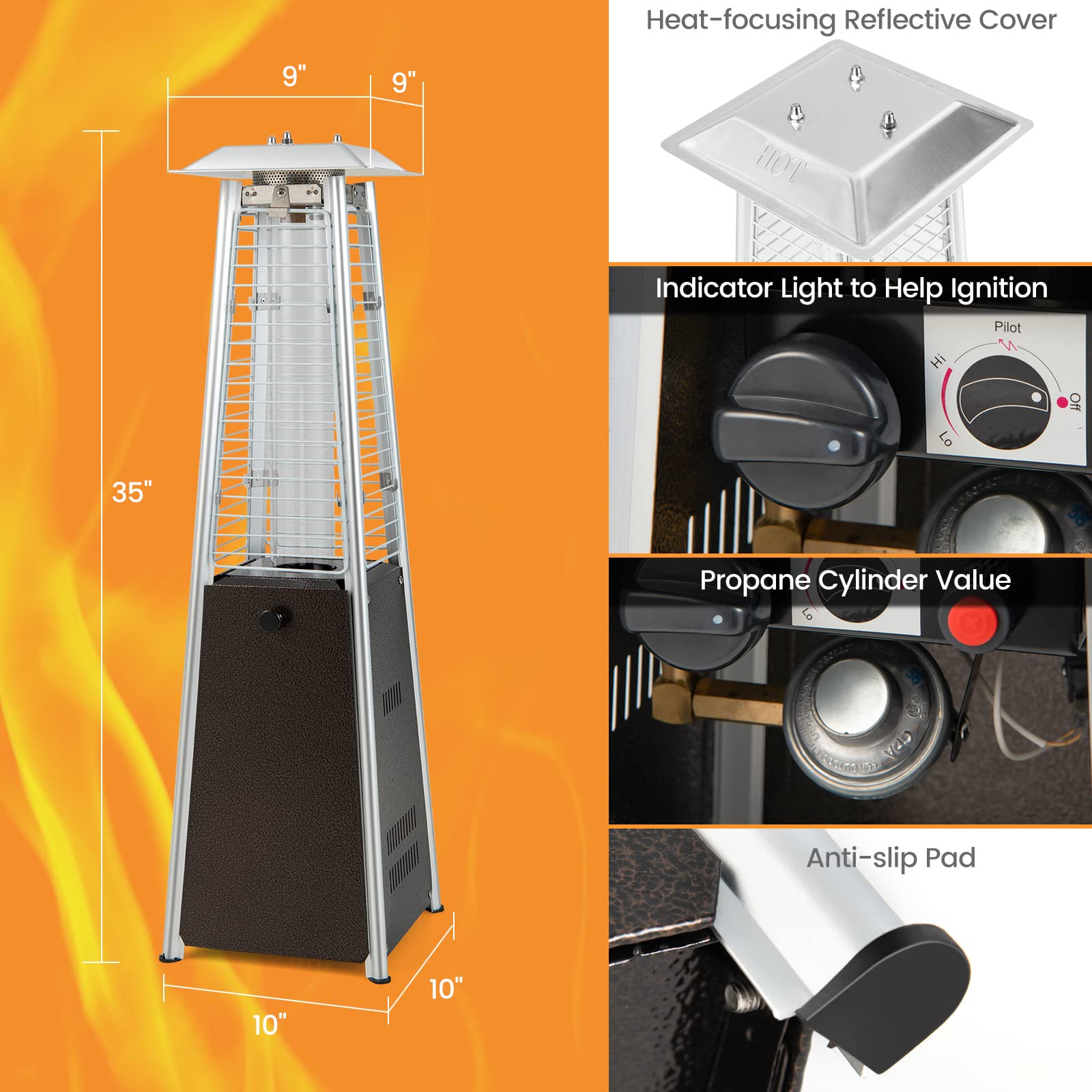 Giantex Pyramid Patio Heater, 9500 BTU Tabletop Portable Propane Heater w/Glass Tube, Simple Ignition System, Dancing Flame, CSA Certification, 35" Outdoor Electric Heater for Backyard Garden, Bronze