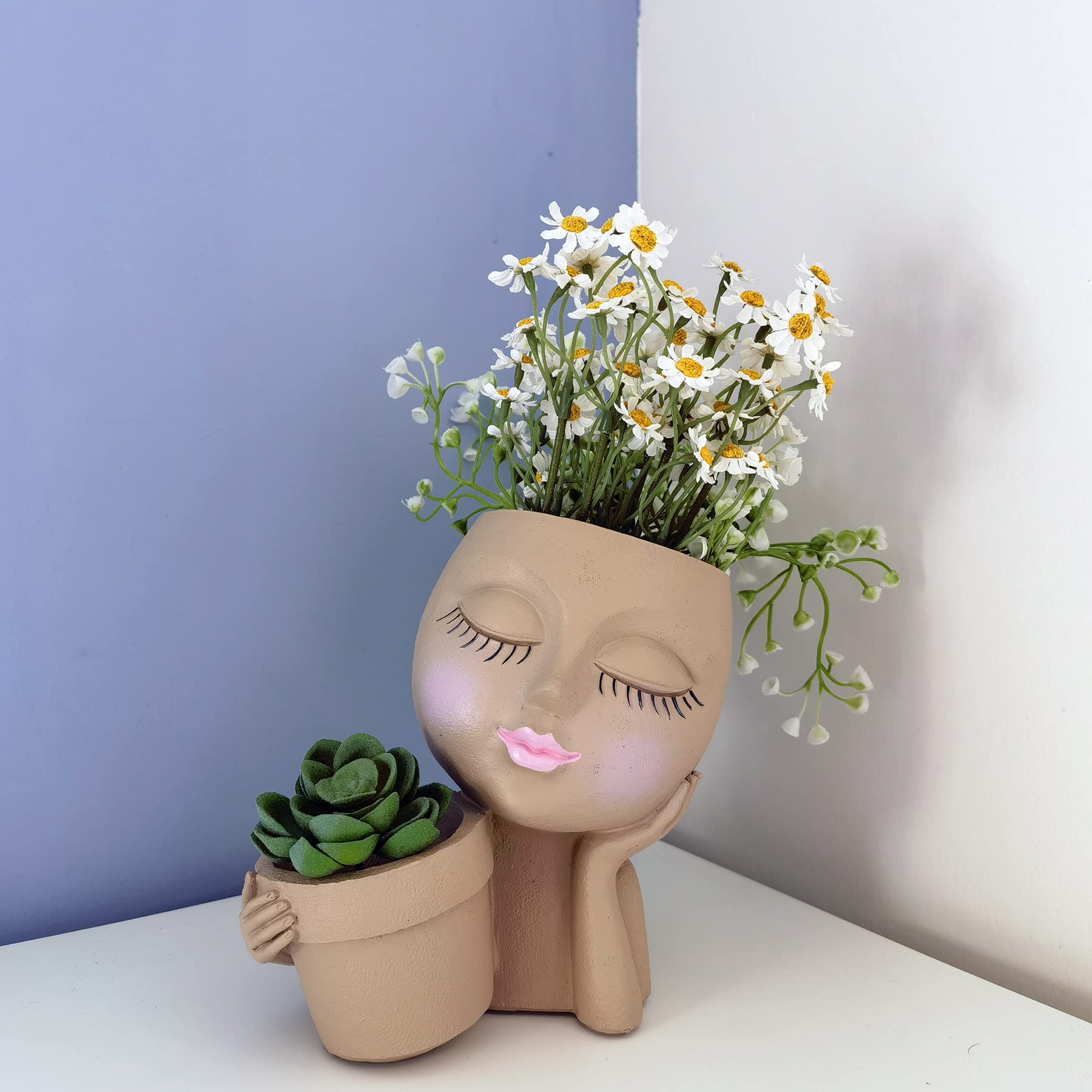 Dolkgy Face/Head Planters for Plants Unique Plant Pots for Indoor Outdoor Plants, Novelty Cute Large Girl Face Flower Pots with Drainage Hole for Home Garden Succulents Cactus