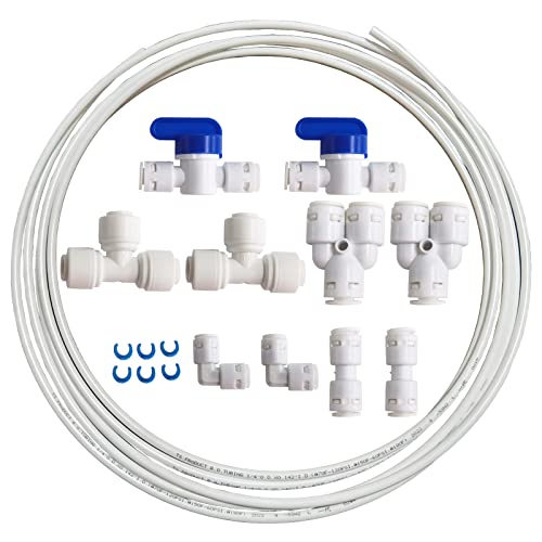 Decohomeforu 1/4" Quick Connect Water Purifiers Tube Fittings for RO Water Reverse Osmosis System & Water Filters, (Ball Valves+Y+L+I+T Type+Locking Clips)+5 Meters(16 feet) White Tubing Hose Pipe