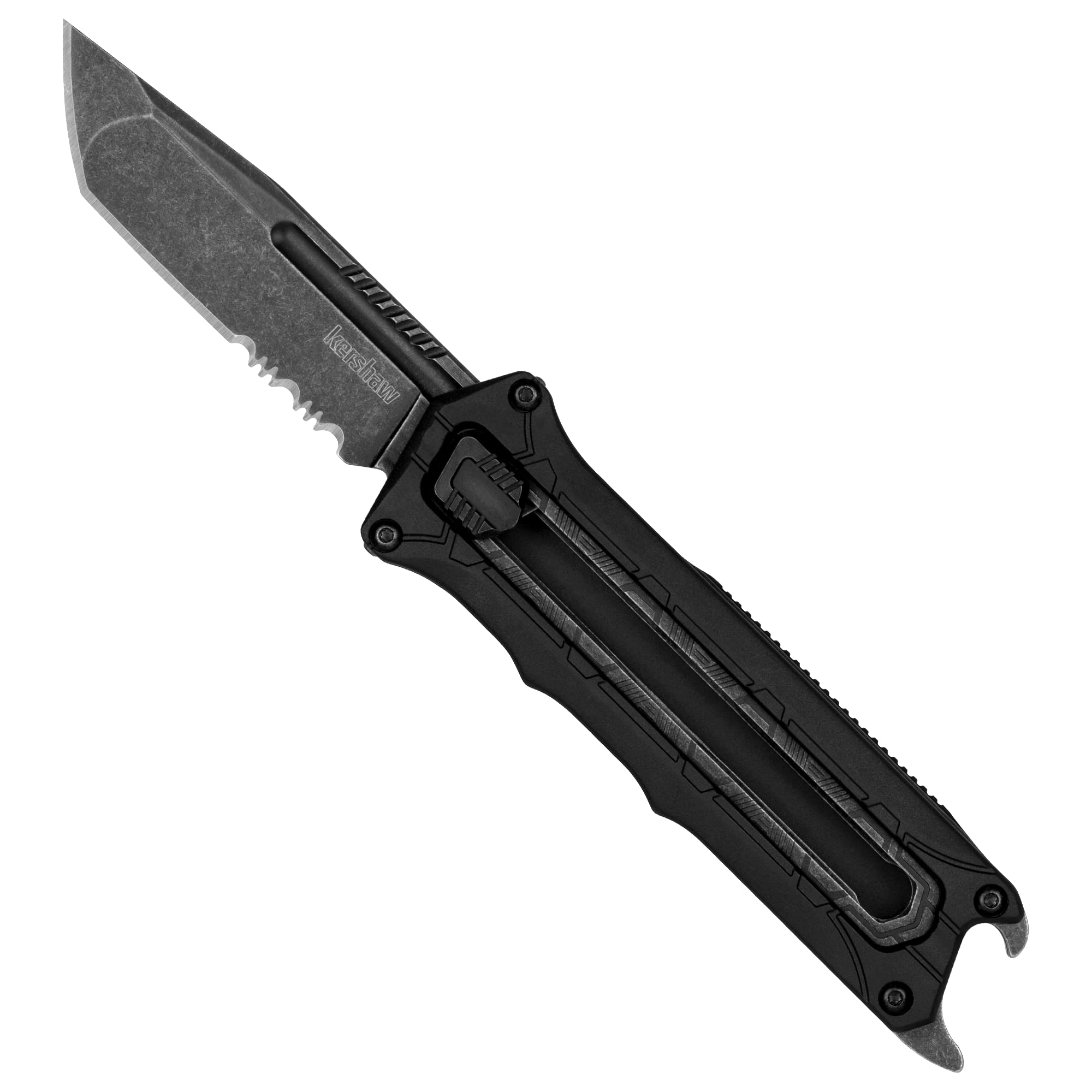 Kershaw Interstellar Pocket Knife, Black Manual OTF Tanto Blade with Serrations, Blackwash Finish with GFN Handle, Bottle Opener & Deep Pocketclip