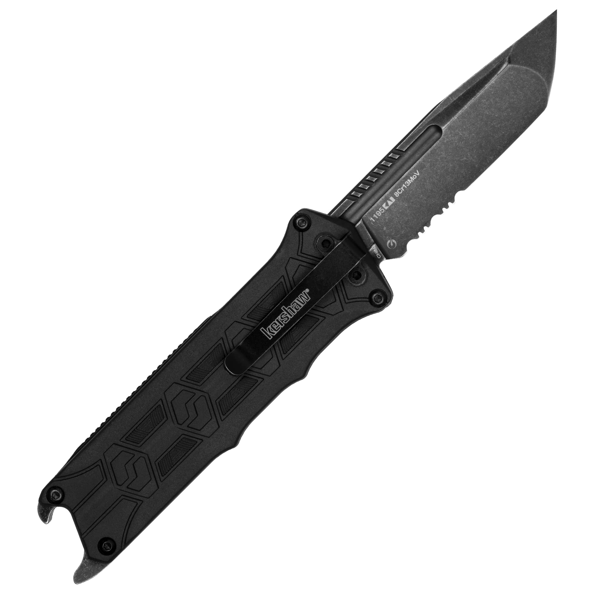 Kershaw Interstellar Pocket Knife, Black Manual OTF Tanto Blade with Serrations, Blackwash Finish with GFN Handle, Bottle Opener & Deep Pocketclip