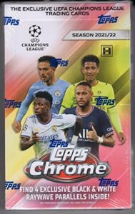 2021-22 topps chrome uefa champions league soccer factory sealed hobby lite box 16 packs of 4 cards, 64 cards in all 4 black and white raywave parallels per box chase rookie cards of an amazing rookie class great price