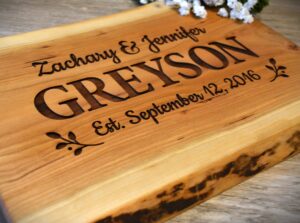 personalized cutting board wedding gift live edge cherry wood - engraved unique customized artisan rustic display bride groom couple newlywed anniversary housewarming christmas bridal shower