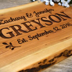 Personalized Cutting Board Wedding Gift Live Edge Cherry Wood - Engraved Unique Customized Artisan Rustic Display Bride Groom Couple Newlywed Anniversary Housewarming Christmas Bridal Shower