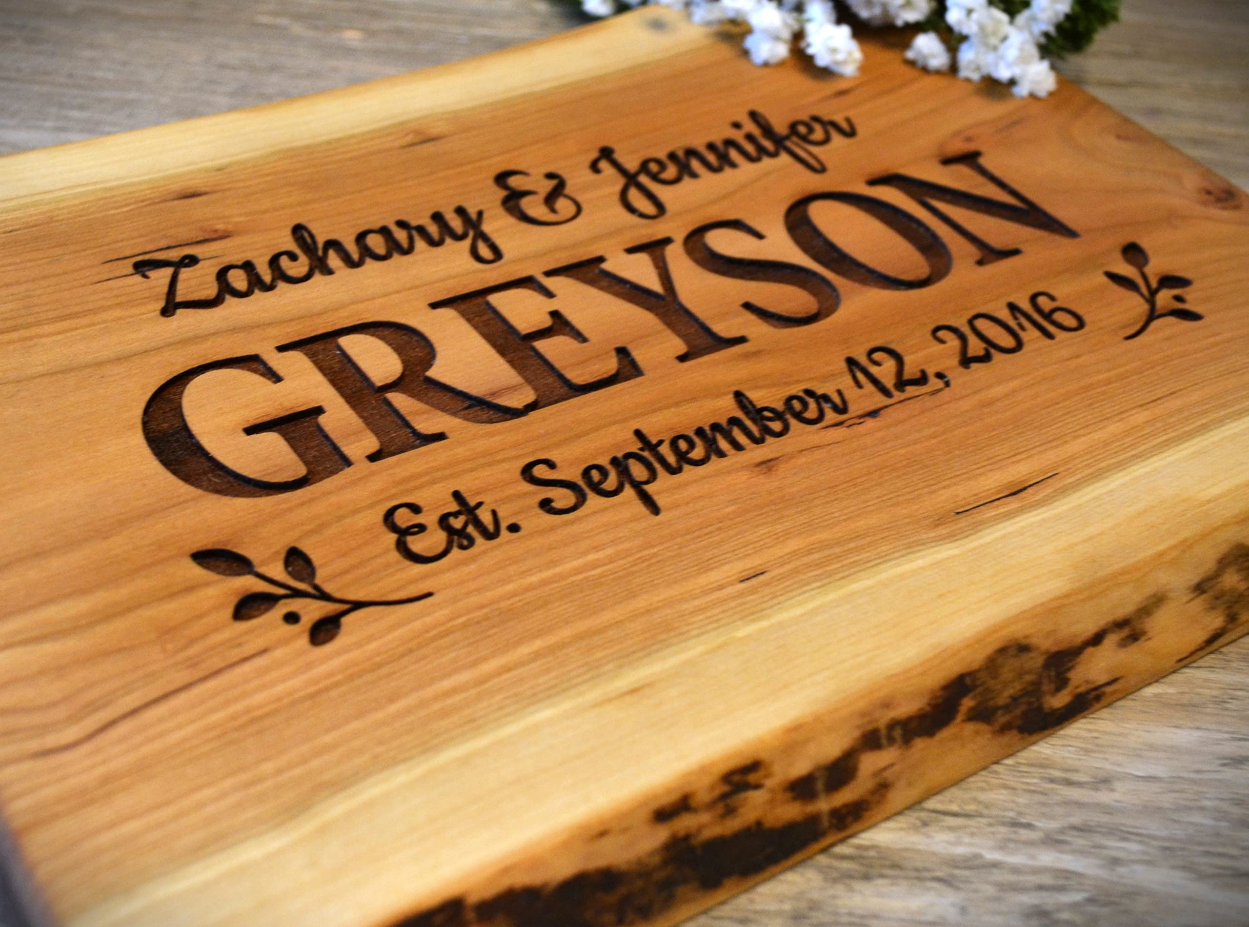 Personalized Cutting Board Wedding Gift Live Edge Cherry Wood - Engraved Unique Customized Artisan Rustic Display Bride Groom Couple Newlywed Anniversary Housewarming Christmas Bridal Shower