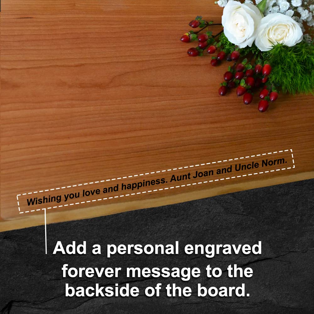 Personalized Cutting Board Wedding Gift Live Edge Cherry Wood - Engraved Unique Customized Artisan Rustic Display Bride Groom Couple Newlywed Anniversary Housewarming Christmas Bridal Shower