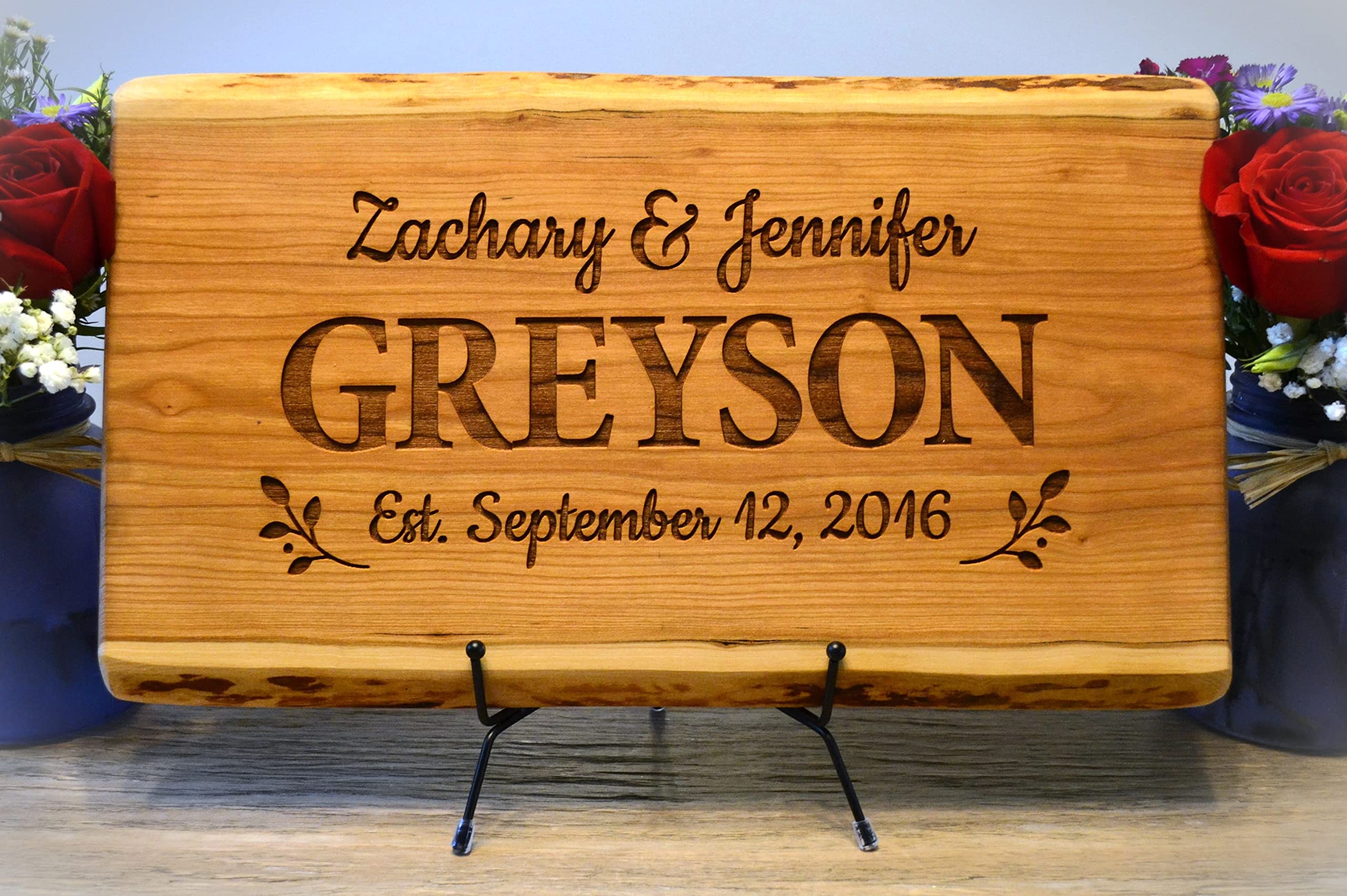 Personalized Cutting Board Wedding Gift Live Edge Cherry Wood - Engraved Unique Customized Artisan Rustic Display Bride Groom Couple Newlywed Anniversary Housewarming Christmas Bridal Shower