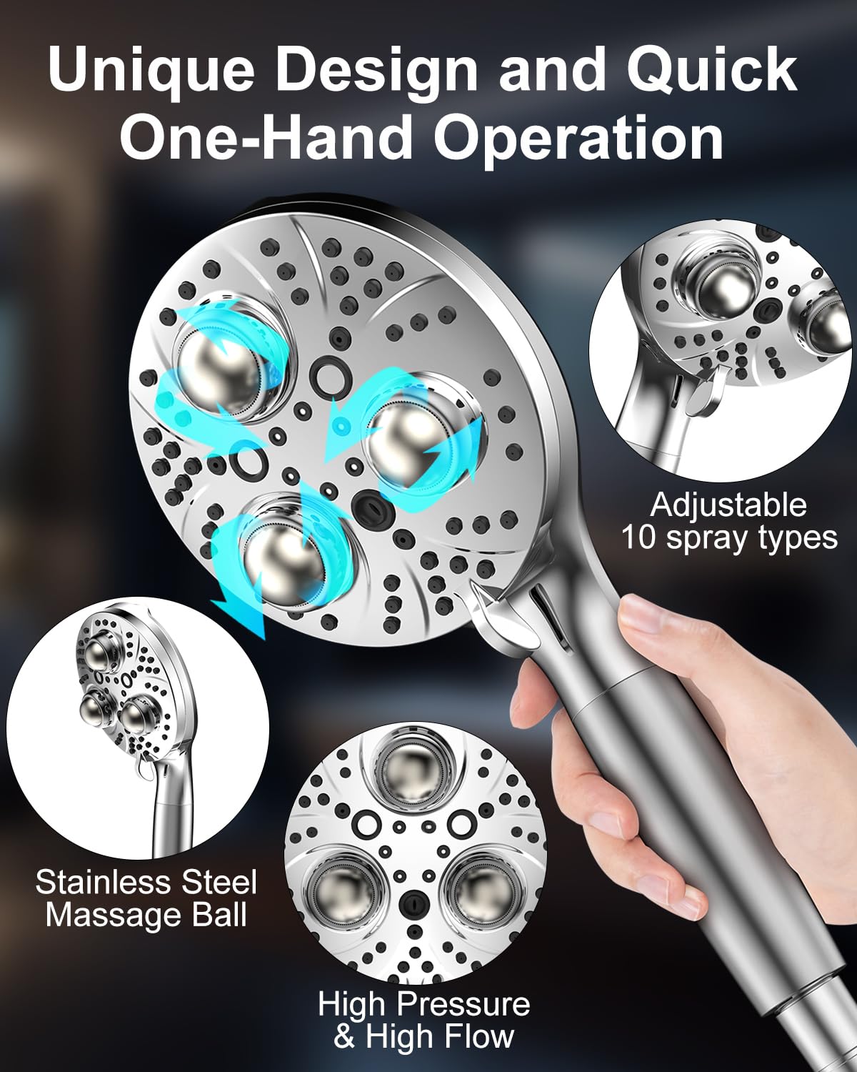 Surpzon Filtered Massage Shower Head with Handheld Spray Combo, 10 Modes High Pressure Shower Heads with 3 Massage Beads, Detachable Shower Head with 59" Hose & Replaceable Filters for Hard Water