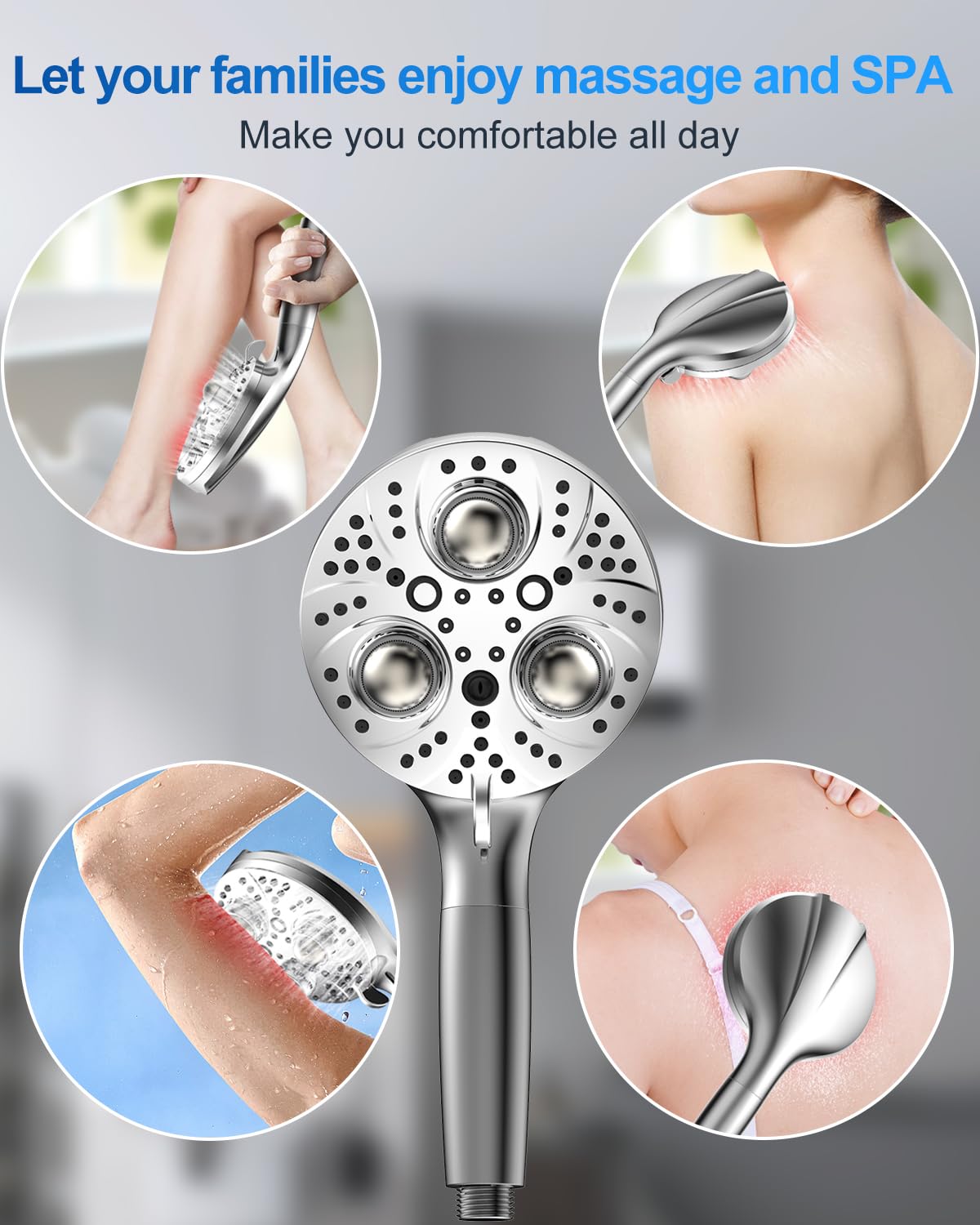 Surpzon Filtered Massage Shower Head with Handheld Spray Combo, 10 Modes High Pressure Shower Heads with 3 Massage Beads, Detachable Shower Head with 59" Hose & Replaceable Filters for Hard Water