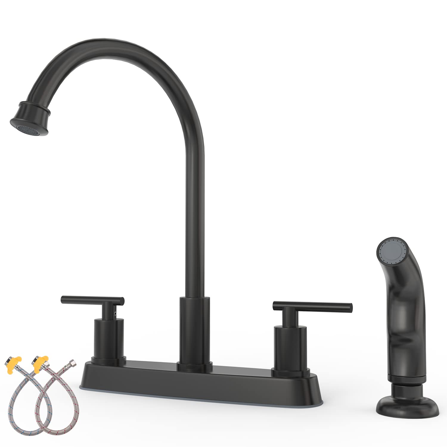 GOWIN Matte Black Kitchen Faucet,2 Handle Kitchen Sink Faucet with Side Sprayer,3 or 4 Hole Kitchen Faucet for Rv Camper Sinks,High Arc Stainless Steel Centerset Faucet