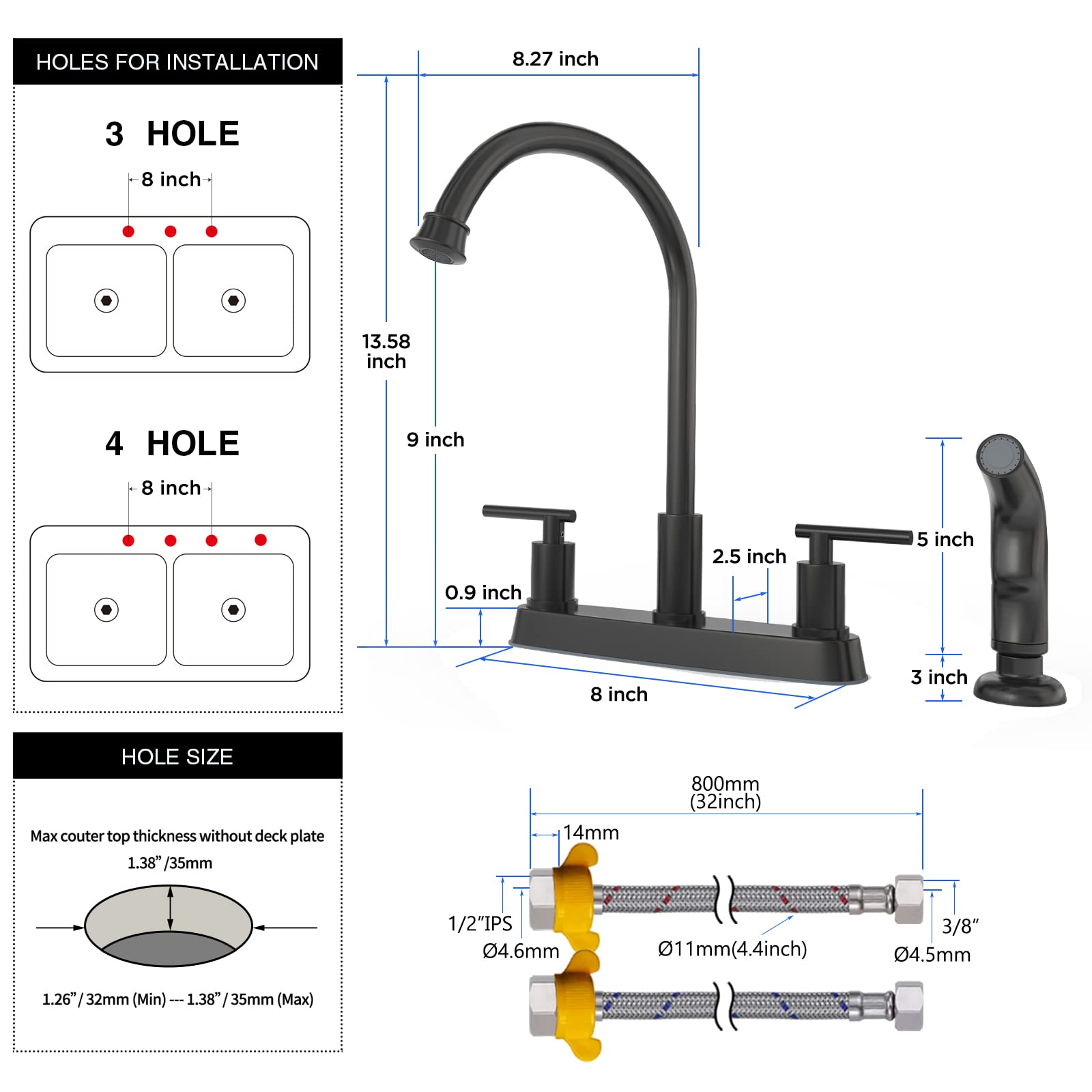 GOWIN Matte Black Kitchen Faucet,2 Handle Kitchen Sink Faucet with Side Sprayer,3 or 4 Hole Kitchen Faucet for Rv Camper Sinks,High Arc Stainless Steel Centerset Faucet