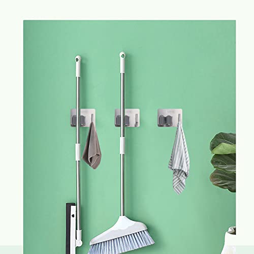 PMIIO Self Adhesive Broom Hanger Gripper, SUS304 Stainless Steel, 4 Pack Wall Mounted Heavy Duty with Hooks Hanger, for Bathroom, Kitchen, Garage Laundry Room Storage - Silver