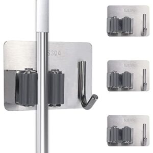 pmiio self adhesive broom hanger gripper, sus304 stainless steel, 4 pack wall mounted heavy duty with hooks hanger, for bathroom, kitchen, garage laundry room storage - silver
