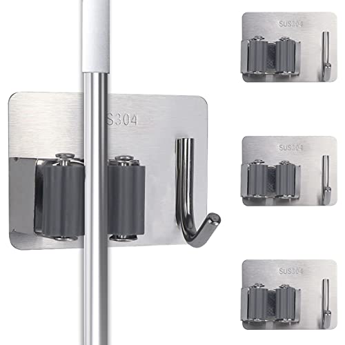 PMIIO Self Adhesive Broom Hanger Gripper, SUS304 Stainless Steel, 4 Pack Wall Mounted Heavy Duty with Hooks Hanger, for Bathroom, Kitchen, Garage Laundry Room Storage - Silver