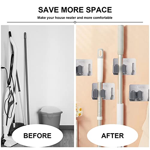 PMIIO Self Adhesive Broom Hanger Gripper, SUS304 Stainless Steel, 4 Pack Wall Mounted Heavy Duty with Hooks Hanger, for Bathroom, Kitchen, Garage Laundry Room Storage - Silver