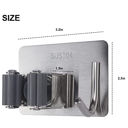 PMIIO Self Adhesive Broom Hanger Gripper, SUS304 Stainless Steel, 4 Pack Wall Mounted Heavy Duty with Hooks Hanger, for Bathroom, Kitchen, Garage Laundry Room Storage - Silver