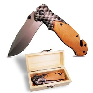 pocket knife for men with wood gift box case set, tactical knife with clip for hunting survival edc camping, cool folding knife for christmas gifts, anniversary, birthday(wood)