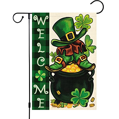 Welcome Spring St. Patrick's Day Garden Flag 12x18 Double Sided, Burlap Small Check Plaid Leprechauns Yard Flag Banner Irish Lucky Shamrock Clover Shoes Sign for Outside Outdoor Decor (ONLY FLAG)