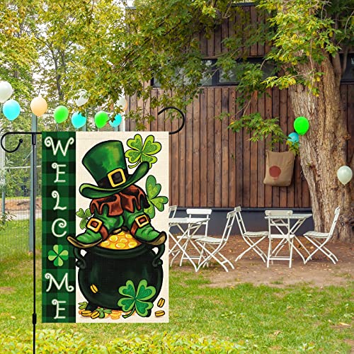 Welcome Spring St. Patrick's Day Garden Flag 12x18 Double Sided, Burlap Small Check Plaid Leprechauns Yard Flag Banner Irish Lucky Shamrock Clover Shoes Sign for Outside Outdoor Decor (ONLY FLAG)