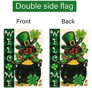 Welcome Spring St. Patrick's Day Garden Flag 12x18 Double Sided, Burlap Small Check Plaid Leprechauns Yard Flag Banner Irish Lucky Shamrock Clover Shoes Sign for Outside Outdoor Decor (ONLY FLAG)