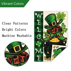 Welcome Spring St. Patrick's Day Garden Flag 12x18 Double Sided, Burlap Small Check Plaid Leprechauns Yard Flag Banner Irish Lucky Shamrock Clover Shoes Sign for Outside Outdoor Decor (ONLY FLAG)