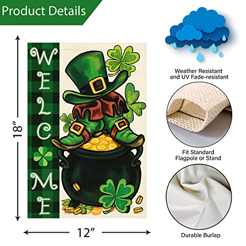 Welcome Spring St. Patrick's Day Garden Flag 12x18 Double Sided, Burlap Small Check Plaid Leprechauns Yard Flag Banner Irish Lucky Shamrock Clover Shoes Sign for Outside Outdoor Decor (ONLY FLAG)