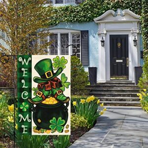 Welcome Spring St. Patrick's Day Garden Flag 12x18 Double Sided, Burlap Small Check Plaid Leprechauns Yard Flag Banner Irish Lucky Shamrock Clover Shoes Sign for Outside Outdoor Decor (ONLY FLAG)