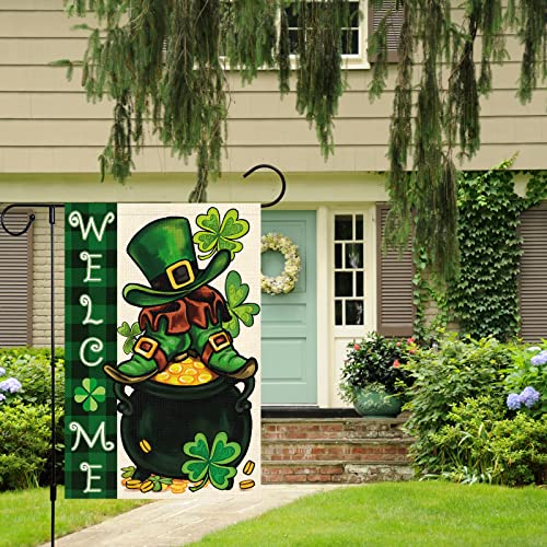 Welcome Spring St. Patrick's Day Garden Flag 12x18 Double Sided, Burlap Small Check Plaid Leprechauns Yard Flag Banner Irish Lucky Shamrock Clover Shoes Sign for Outside Outdoor Decor (ONLY FLAG)