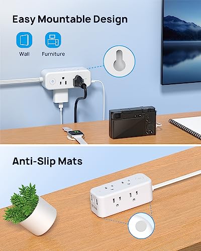 TROND Ultra Thin Flat Extension Cord 10 ft, Flat Plug Power Strip Surge Protector, 6 Wide Space Outlets 3 USB Ports(1 USB C), 3 Side Outlet Extender, Desk Charging Station Compact for Travel Home Dorm