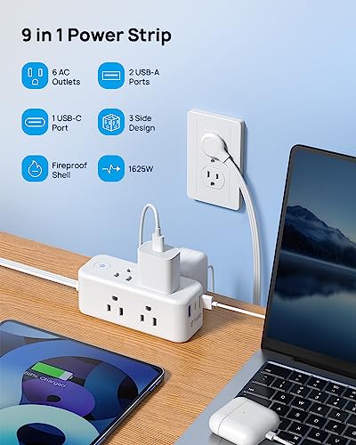 TROND Ultra Thin Flat Extension Cord 10 ft, Flat Plug Power Strip Surge Protector, 6 Wide Space Outlets 3 USB Ports(1 USB C), 3 Side Outlet Extender, Desk Charging Station Compact for Travel Home Dorm