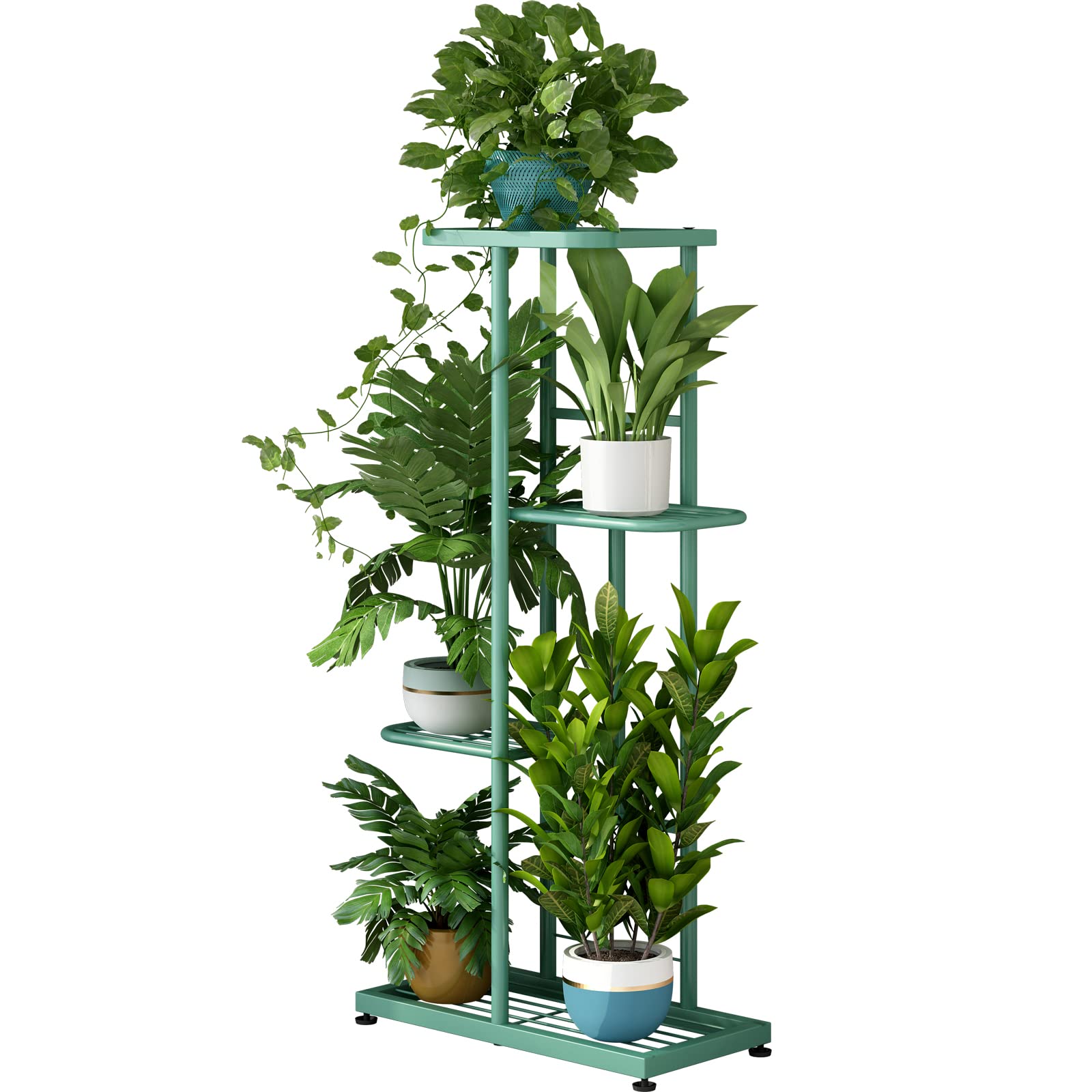 LINZINAR Plant Stand Metal 4 Tier 5 Potted Multiple Flower Pot Holder Shelf Indoor Outdoor Planter Display Shelving Unit for Patio Garden Corner Balcony Living Room (4 Tier 5 Potted, Light Green)