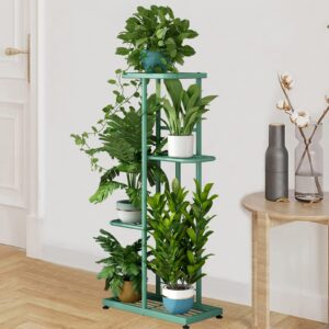 LINZINAR Plant Stand Metal 4 Tier 5 Potted Multiple Flower Pot Holder Shelf Indoor Outdoor Planter Display Shelving Unit for Patio Garden Corner Balcony Living Room (4 Tier 5 Potted, Light Green)