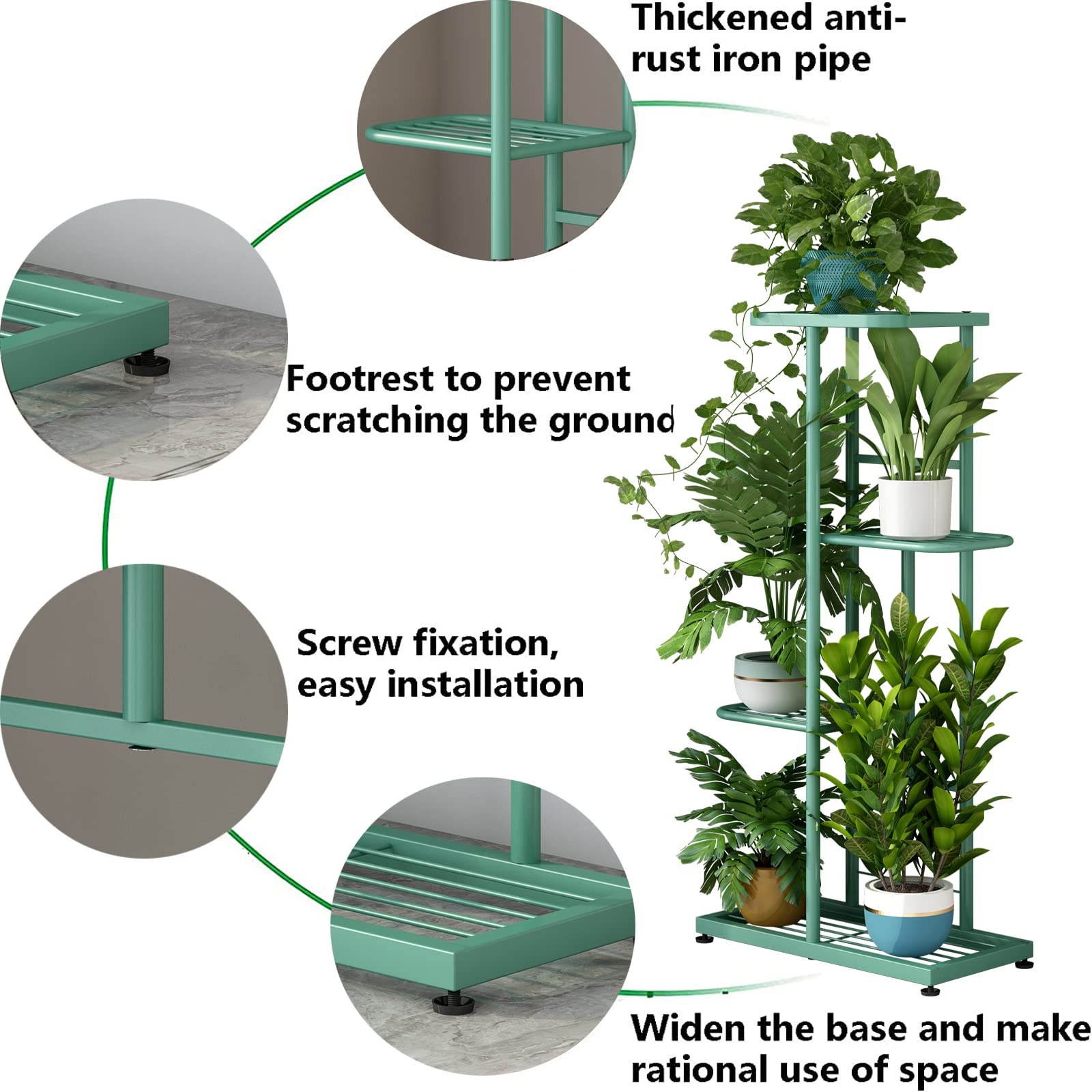 LINZINAR Plant Stand Metal 4 Tier 5 Potted Multiple Flower Pot Holder Shelf Indoor Outdoor Planter Display Shelving Unit for Patio Garden Corner Balcony Living Room (4 Tier 5 Potted, Light Green)