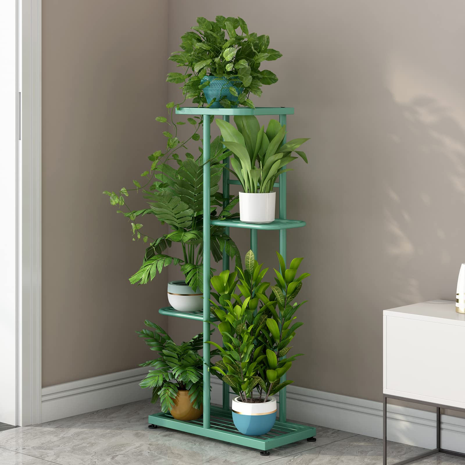 LINZINAR Plant Stand Metal 4 Tier 5 Potted Multiple Flower Pot Holder Shelf Indoor Outdoor Planter Display Shelving Unit for Patio Garden Corner Balcony Living Room (4 Tier 5 Potted, Light Green)