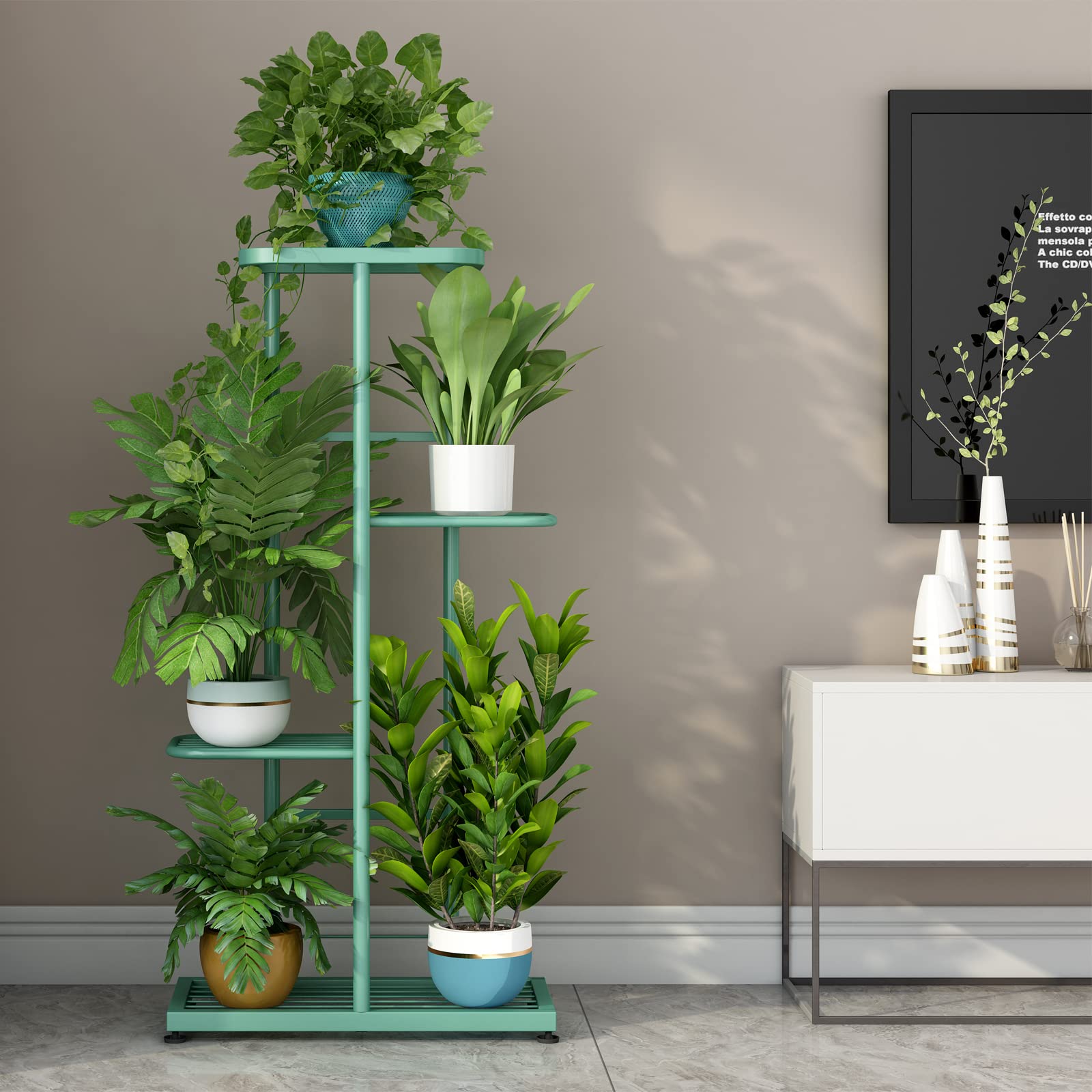 LINZINAR Plant Stand Metal 4 Tier 5 Potted Multiple Flower Pot Holder Shelf Indoor Outdoor Planter Display Shelving Unit for Patio Garden Corner Balcony Living Room (4 Tier 5 Potted, Light Green)