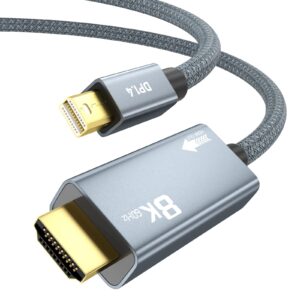 8k mini displayport to hdmi cable 9.9ft, mini dp to hdmi 2.1 cord, support 8k@60hz, 4k@120hz, 2k@240hz, hdr, freesync, vrr, dolby vision for thunderbolt 2, imac, surface pro/dock, monitor, graphics