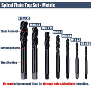 Yakamoz 7 Pcs Nitriding Coated Spiral Flute Tap Set Metric Thread Taps M3 M4 M5 M6 M8 M10 M12 Machine Screw Tap and Drill Tapping Threading Tool