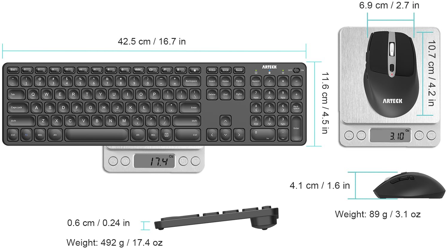 Arteck 2.4G Wireless Keyboard and Mouse Combo Ultra Slim Full Size Keyboard Keyboard and Ergonomic Mice for Computer Desktop PC Laptop and Windows 11/10/8/7 Build in USB-C Rechargeable Battery