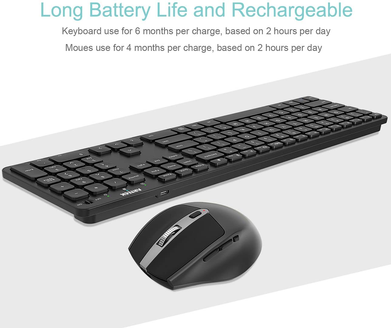 Arteck 2.4G Wireless Keyboard and Mouse Combo Ultra Slim Full Size Keyboard Keyboard and Ergonomic Mice for Computer Desktop PC Laptop and Windows 11/10/8/7 Build in USB-C Rechargeable Battery