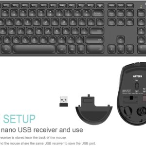 Arteck 2.4G Wireless Keyboard and Mouse Combo Ultra Slim Full Size Keyboard Keyboard and Ergonomic Mice for Computer Desktop PC Laptop and Windows 11/10/8/7 Build in USB-C Rechargeable Battery