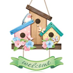 toarti colorful welcome spring front door sign hanging(13.6"x11.8"), blooming flowers butterfly birdhouse wall sign plaque, wooden garden fence hanger for home porch farmhouse cafe