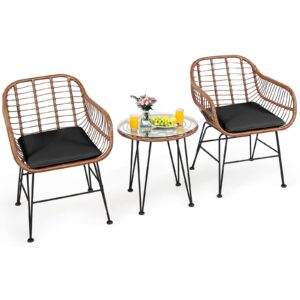 tangkula 3 pieces patio conversation bistro set, outdoor wicker furniture w/round tempered glass top table & 2 rattan armchairs, bistro chat set w/seat cushions for porch, backyard (black)