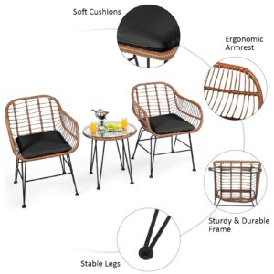 Tangkula 3 Pieces Patio Conversation Bistro Set, Outdoor Wicker Furniture w/Round Tempered Glass Top Table & 2 Rattan Armchairs, Bistro Chat Set w/Seat Cushions for Porch, Backyard (Black)