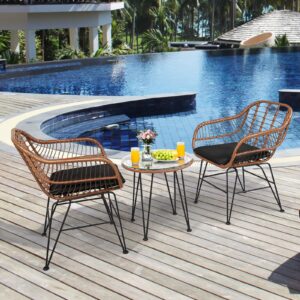 Tangkula 3 Pieces Patio Conversation Bistro Set, Outdoor Wicker Furniture w/Round Tempered Glass Top Table & 2 Rattan Armchairs, Bistro Chat Set w/Seat Cushions for Porch, Backyard (Black)