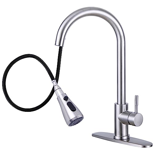 Kitchen Faucet with Pull Down Sprayer, Single Handle High Arc Kitchen Faucets 360 Degree Swivel, Kitchen Sink Faucet with Deck Plate, Stainless Steel Brushed Nickel