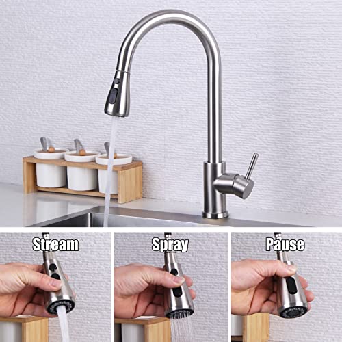 Kitchen Faucet with Pull Down Sprayer, Single Handle High Arc Kitchen Faucets 360 Degree Swivel, Kitchen Sink Faucet with Deck Plate, Stainless Steel Brushed Nickel