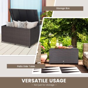 Tangkula 133 Gallon Deck Storage Box, Patio Rattan Storage Container with 2 Universal Wheels, Safety Pneumatic Rod, Zippered Liner, Sturdy Steel Frame, Ideal for Backyard, Poolside