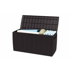 ram quality products plastic 71 gallon outdoor backyard storage bin deck box for patio furniture cushions, tools, toys, and pool accessories, gray