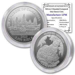 2023 1 oz cambodian silver cambodia wildlife: clouded leopard coin (in capsule) with certificate of authenticity 3000 riels bu